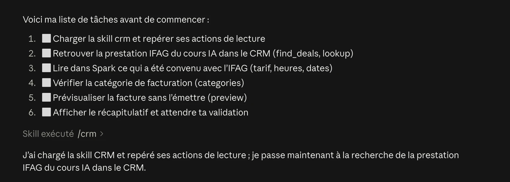 Capture de Claude Code : avant de commencer, Claude affiche sa liste de tâches pour préparer la facture d'un cours à l'IFAG, de la lecture du CRM et des mails jusqu'au récapitulatif à valider.