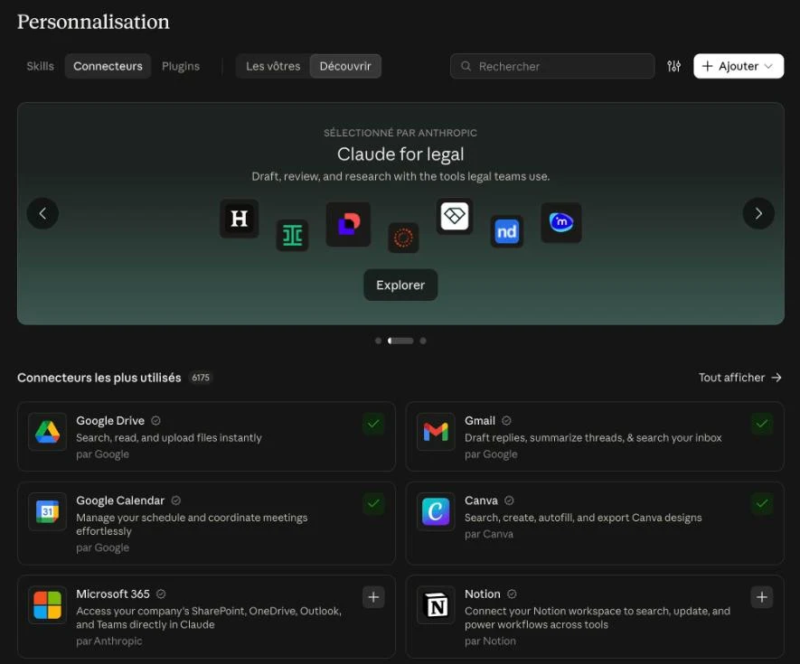 Capture de l'annuaire des connecteurs de Claude : Google Drive, Gmail, Google Calendar et Canva déjà connectés, Microsoft 365 et Notion à ajouter.
