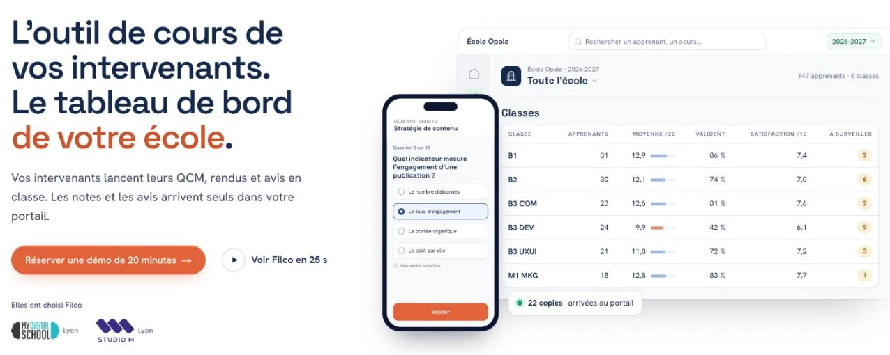 Page d'accueil de filco.fr, la plateforme d'évaluation pour les écoles construite par Boris Armand avec Claude Code : un QCM sur téléphone et le tableau de bord d'une école.
