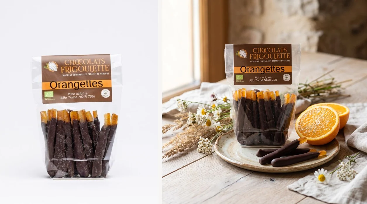 À gauche, la photo d'origine d'un sachet d'orangettes Frigoulette ; à droite, la mise en scène créée par IA à partir de cette photo